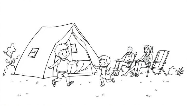 Kleurplaat met kinderen die spelen voor een tent, terwijl papa en mama in klapstoelen zitten.