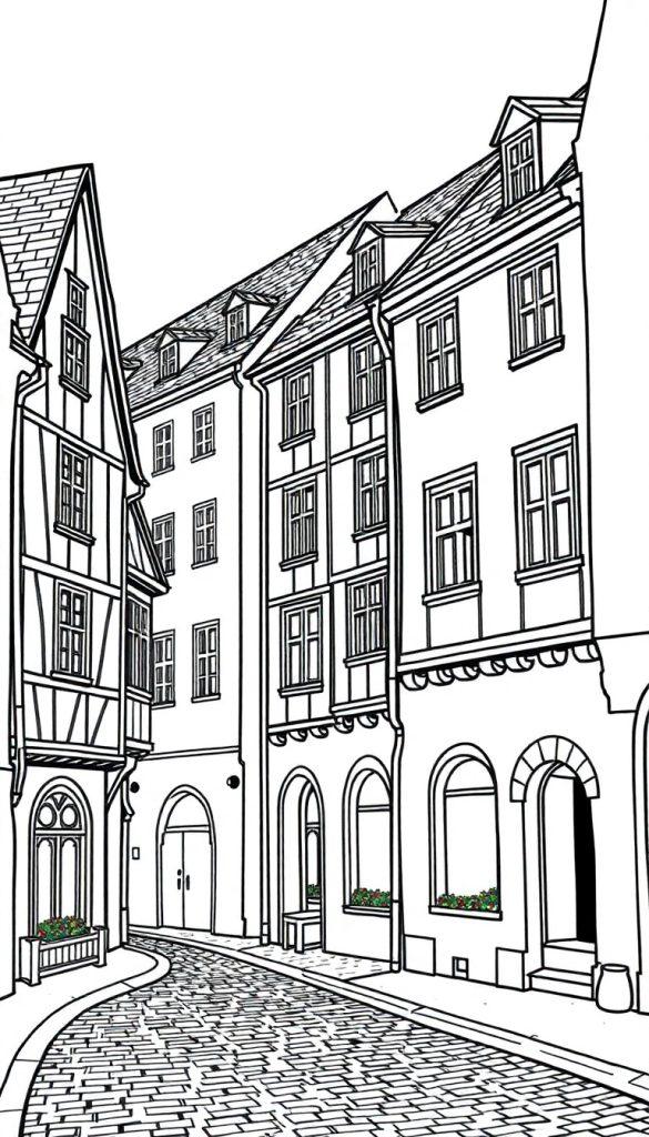 Kleurplaat van een sfeervolle oude straat met historische gebouwen in Europese stijl, kasseien, en bloemen onder de ramen.