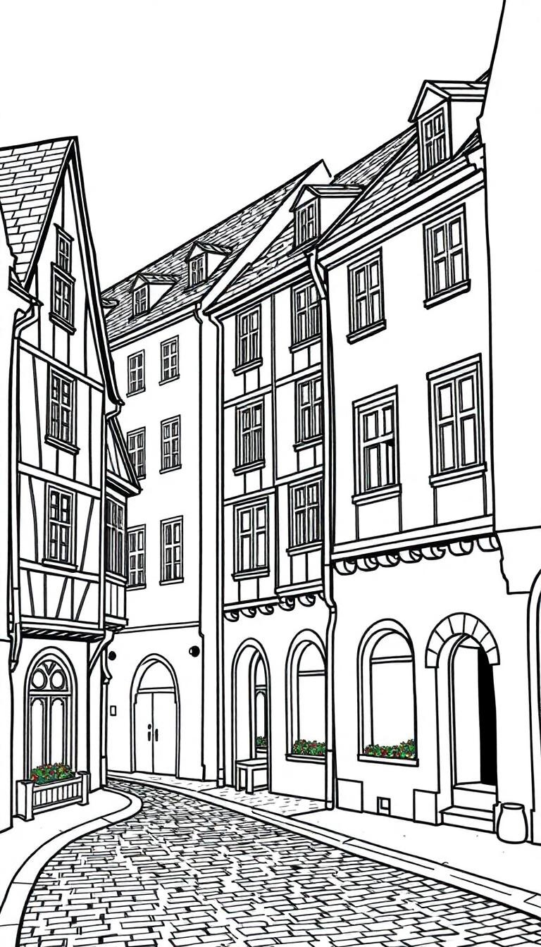 Kleurplaat van een sfeervolle oude straat met historische gebouwen in Europese stijl, kasseien, en bloemen onder de ramen.