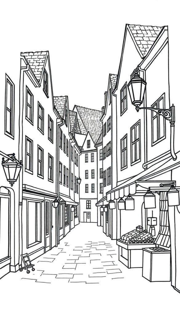 Zwart-wit kleurplaat van een smalle straat met oude gebouwen en een nostalgische sfeer.