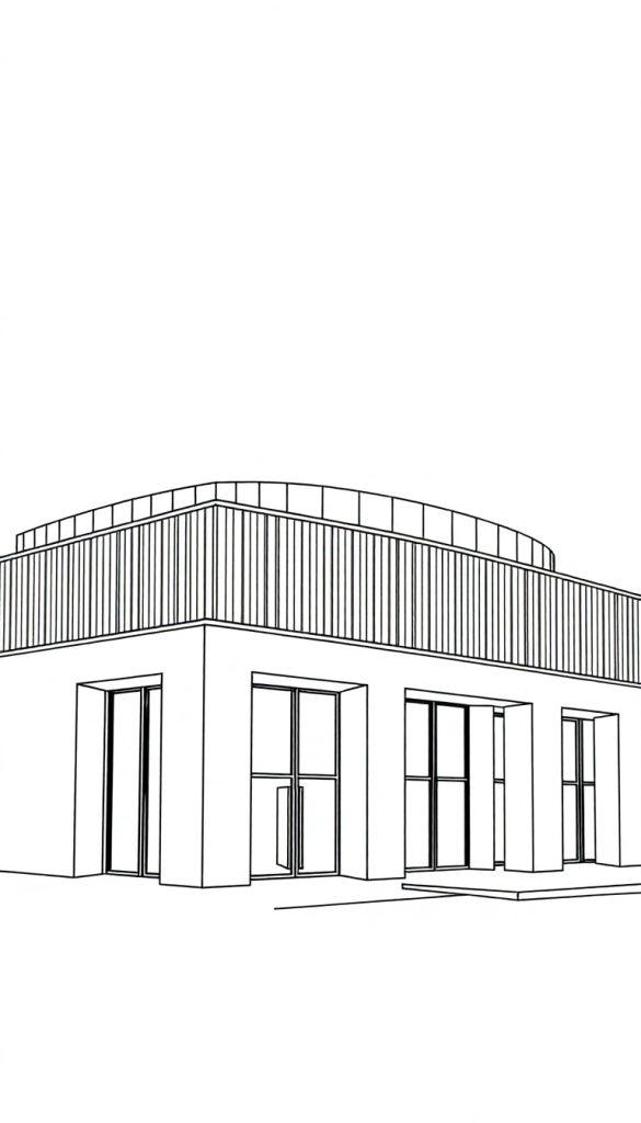 Kleurplaat van het Århus Aros gebouw met een rechthoekige onderkant en een cirkelvormige bovenkant.