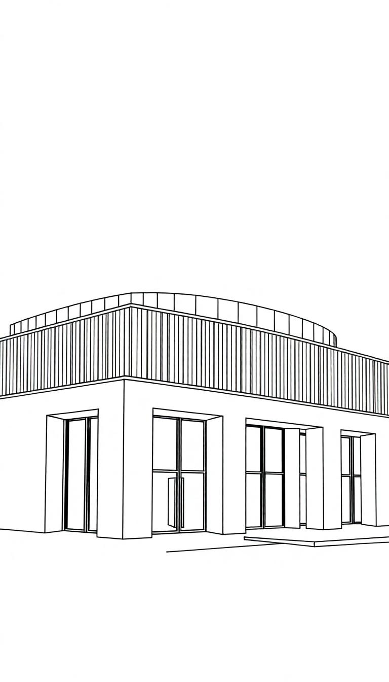 Kleurplaat van het Århus Aros gebouw met een rechthoekige onderkant en een cirkelvormige bovenkant.