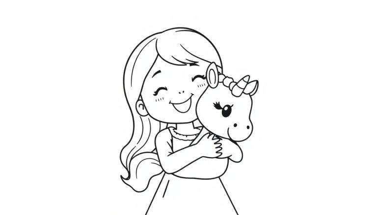 Kleurplaat van een vrolijk meisje met lang haar dat een eenhoornknuffel vastheeft.