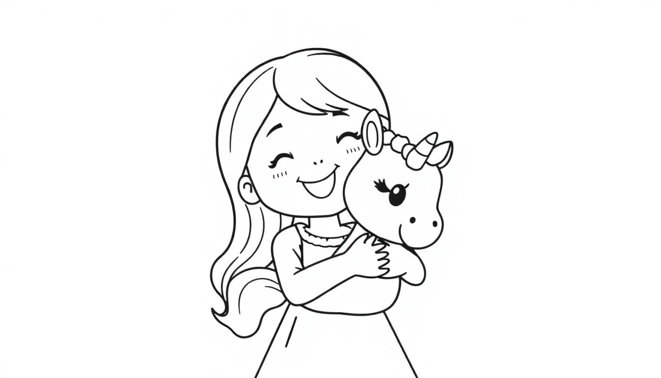 Kleurplaat van een vrolijk meisje met lang haar dat een eenhoornknuffel vastheeft.