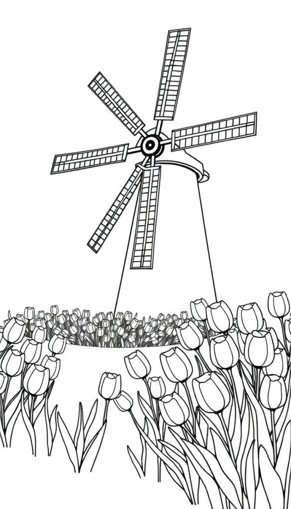 Kleurplaat van een klassieke Nederlandse windmolen met een veld tulpen op de voorgrond.