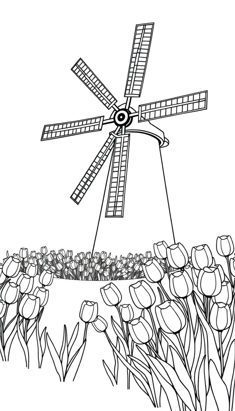 Kleurplaat van een klassieke Nederlandse windmolen met een veld tulpen op de voorgrond.