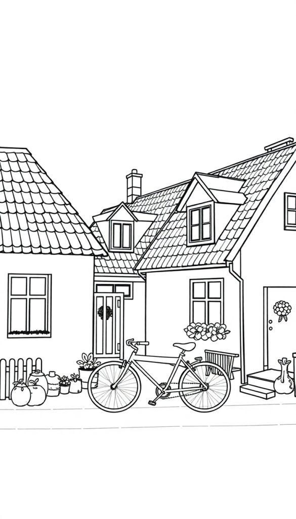 Kleurplaat met drie huizen, een fiets, planten en appels in een dorpsstraat.