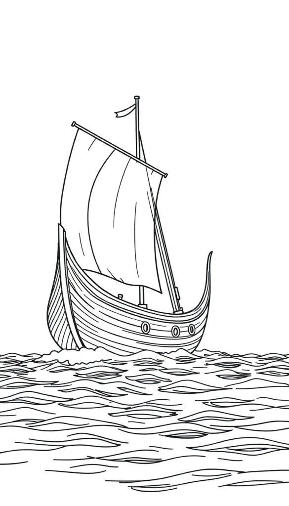 Kleurplaat van een zeilschip met een houten romp, groot zeil en wimpel op het water.