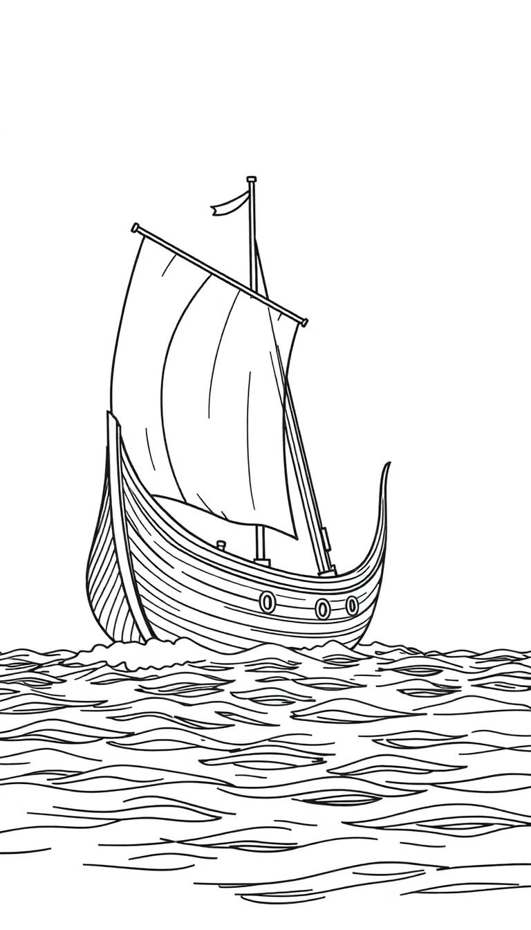 Kleurplaat van een zeilschip met een houten romp, groot zeil en wimpel op het water.