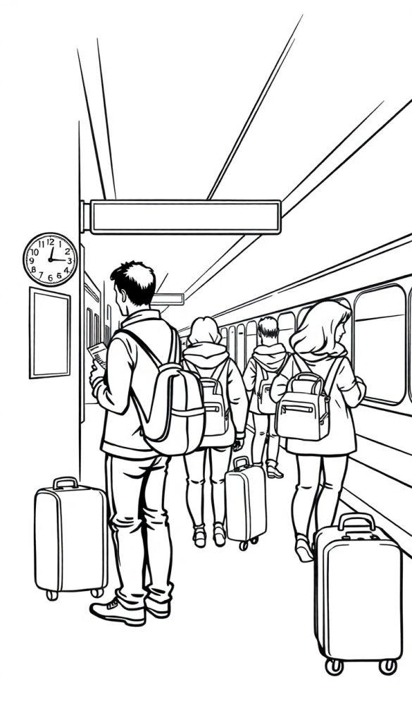 Kleurplaat met een stationsscène: mensen met bagage, een klok en een trein op het perron.