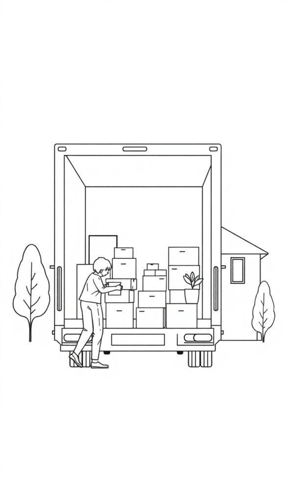 Kleurplaat van een verhuiswagen met dozen, een persoon die een doos draagt en bomen eromheen.