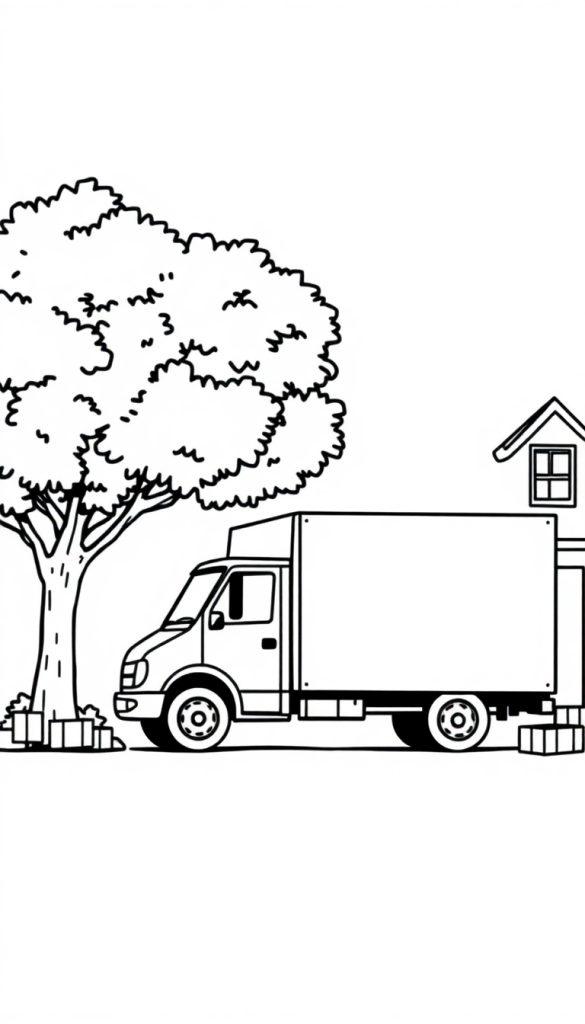Kleurplaat van een verhuiswagen naast een grote boom met volle bladeren, een huis met raam, en dozen op de grond.