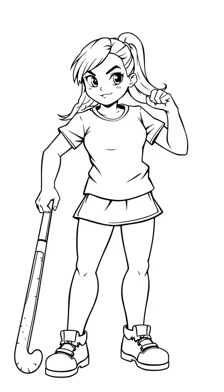 Kleurplaat van een stoer meisje met een hockeystick in sportieve outfit.