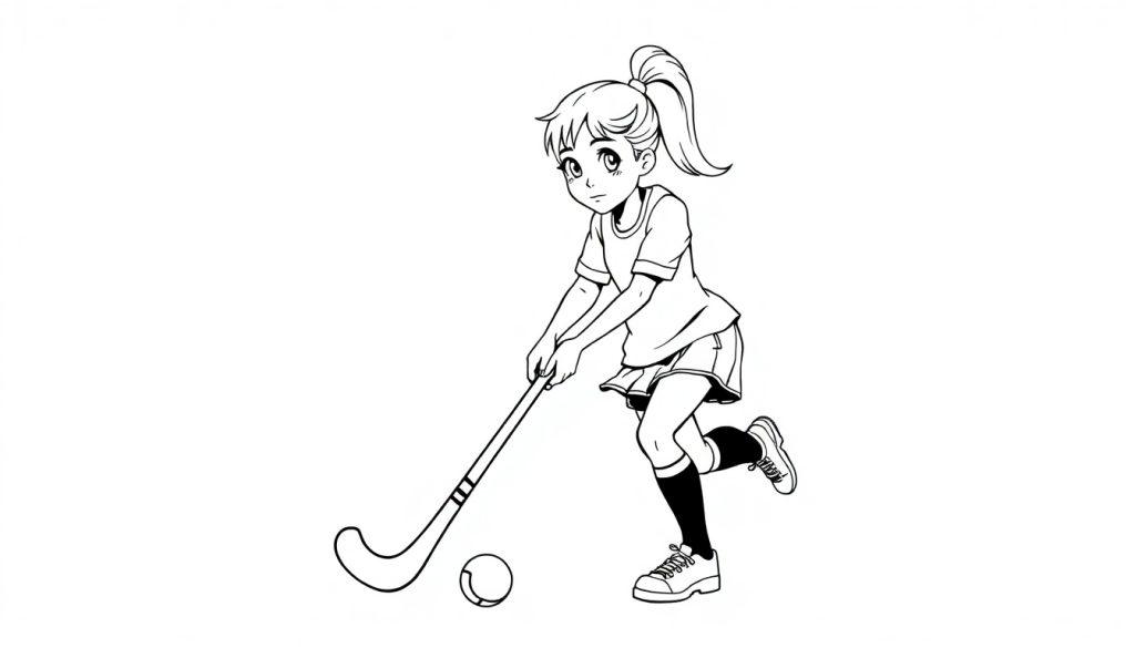 Kleurplaat van een meisje dat hockey speelt met een hockeystick en een bal.