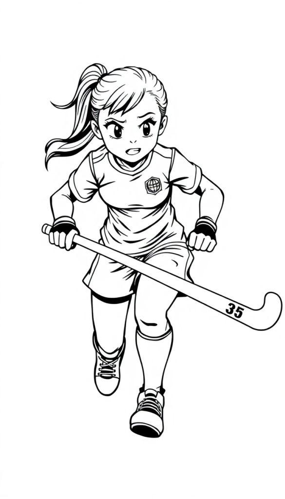 Een zwart-wit kleurplaat van een stoere hockeyster in actie met een hockeystick en sportoutfit.