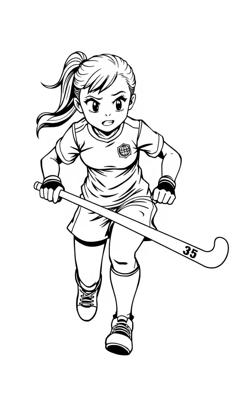 Een zwart-wit kleurplaat van een stoere hockeyster in actie met een hockeystick en sportoutfit.