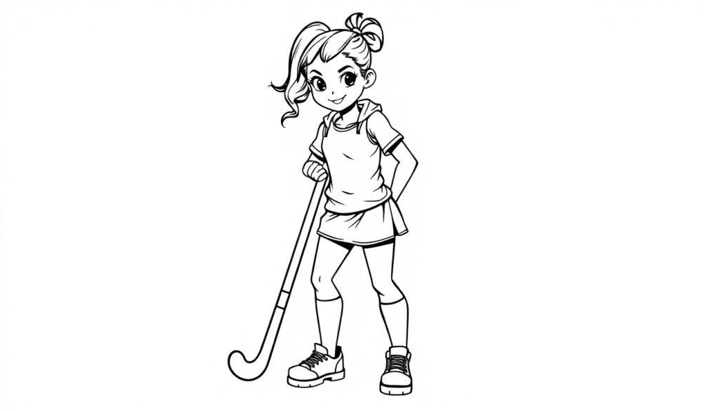 Zwart-wit kleurplaat van een vrolijk meisje dat stoer veldhockey speelt, met een hockeystick in haar hand.