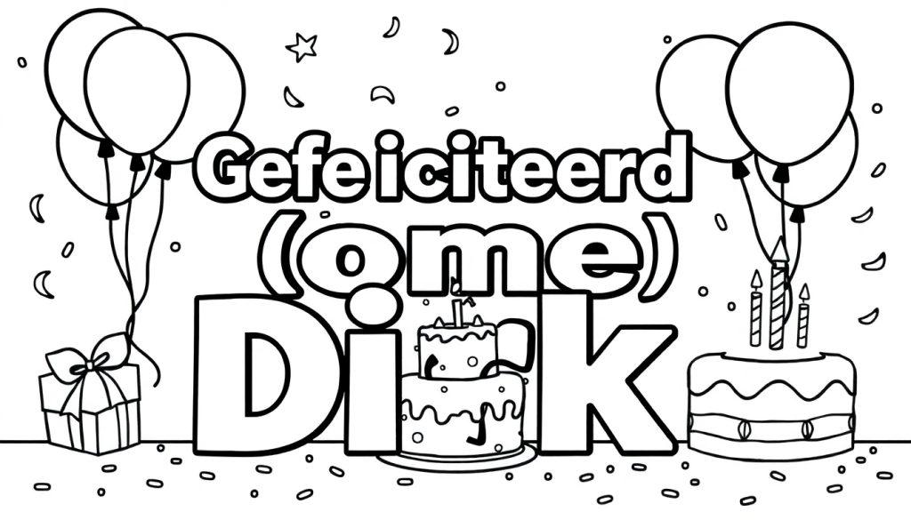 Een leuke monochrome kleurplaat met ballonnen, confetti, een cadeau, taarten en de tekst 'Gefeliciteerd (ome) Dick'.