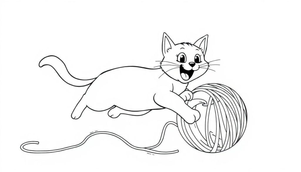 Kleurplaat van een kat die speelt met een bolletje wol.
