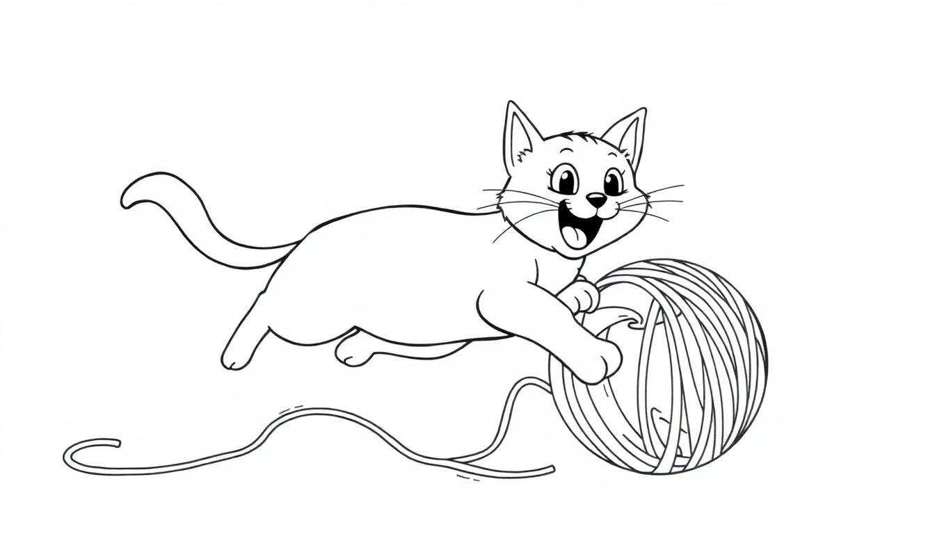 Kleurplaat van een kat die speelt met een bolletje wol.