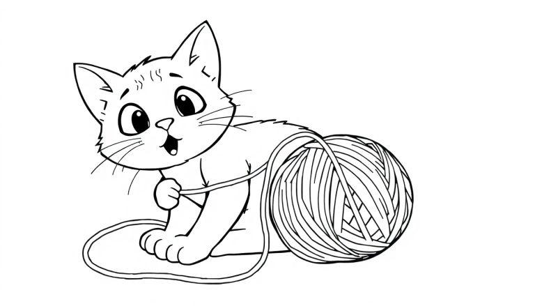 Kleurplaat van een poes die speelt met een bolletje wol.