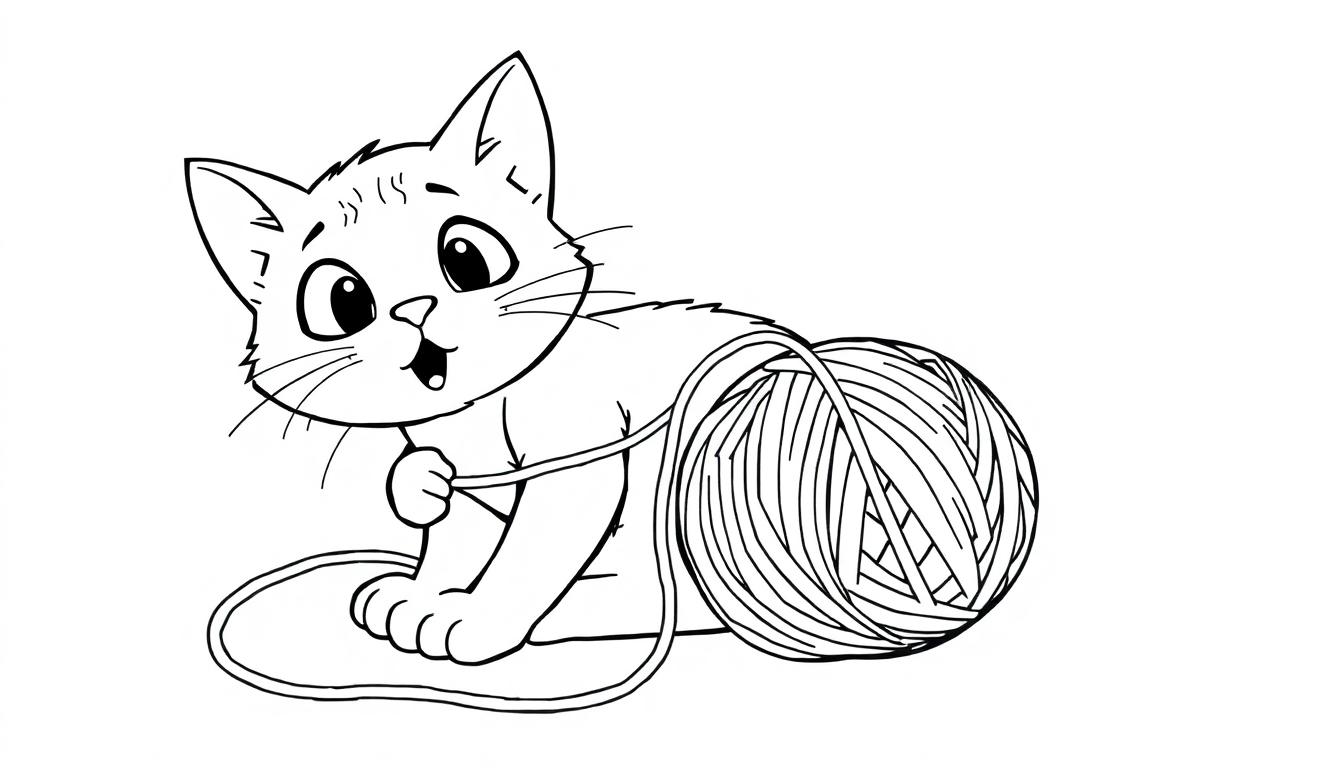 Kleurplaat van een poes die speelt met een bolletje wol.