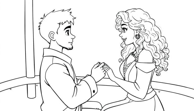 Kleurplaat van een man en een vrouw die elkaars handen vasthouden op een boot. De man vraagt of de vrouw met hem wil trouwen.