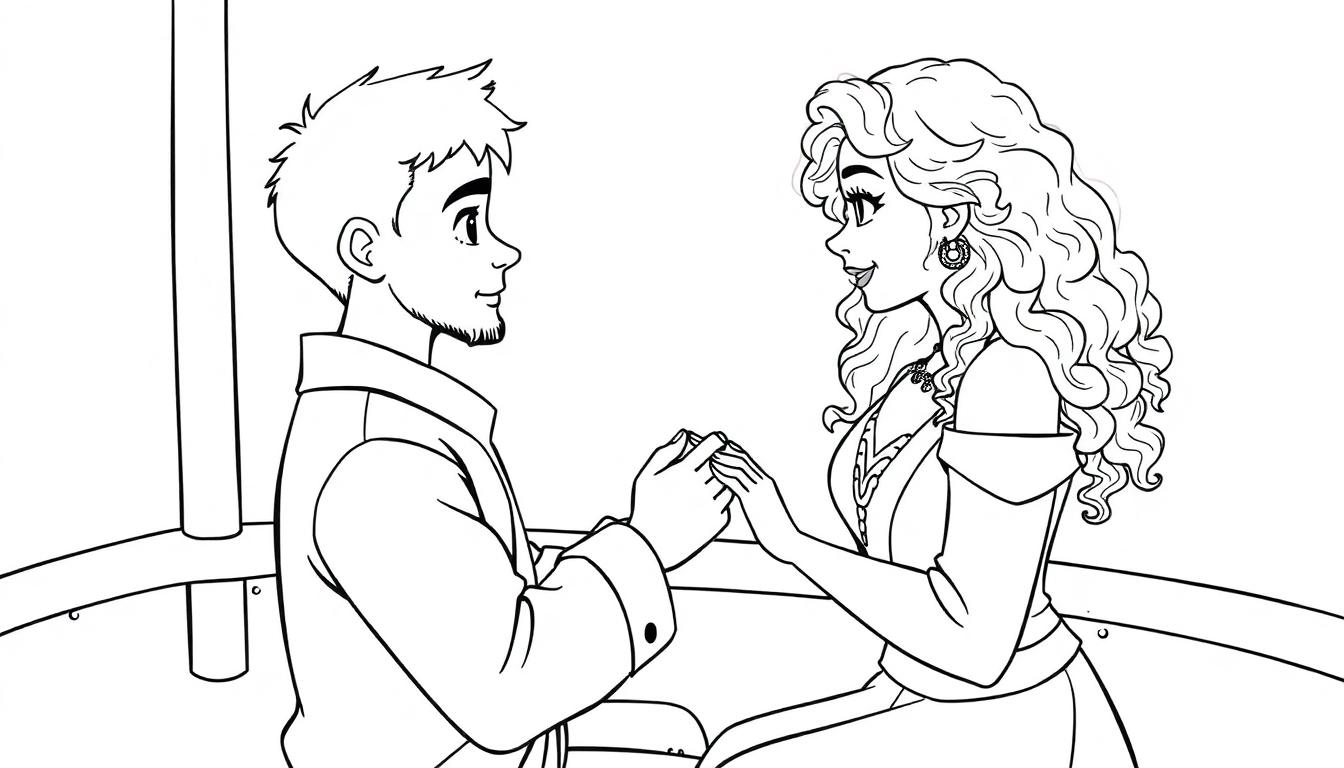 Kleurplaat van een man en een vrouw die elkaars handen vasthouden op een boot. De man vraagt of de vrouw met hem wil trouwen.