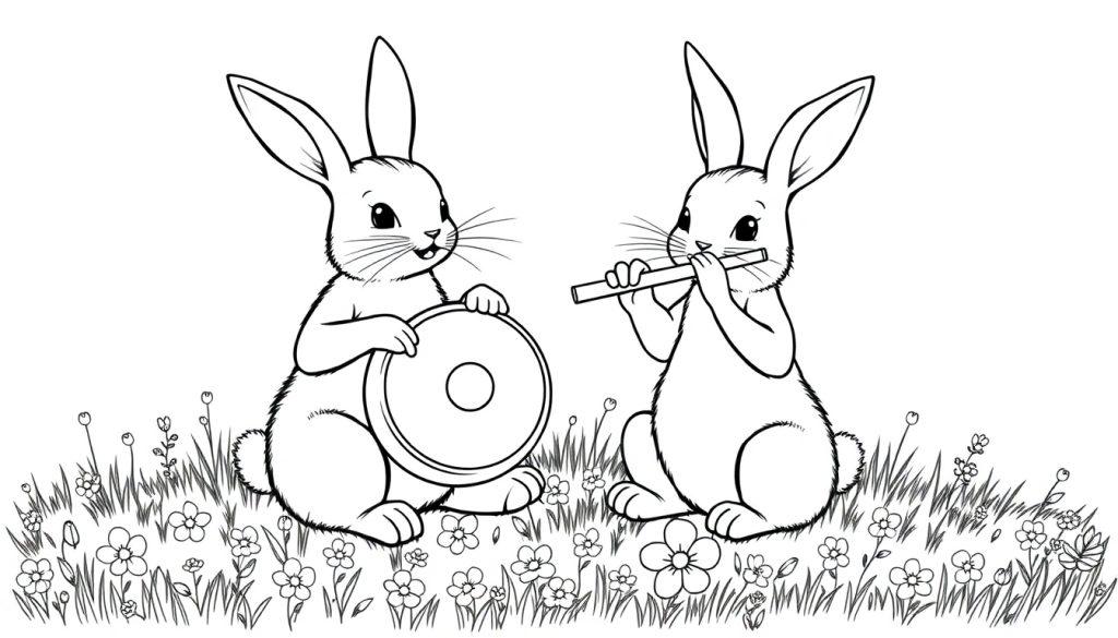 Kleurplaat van twee vrolijke konijnen die samen muziek maken in een bloemenveld.
