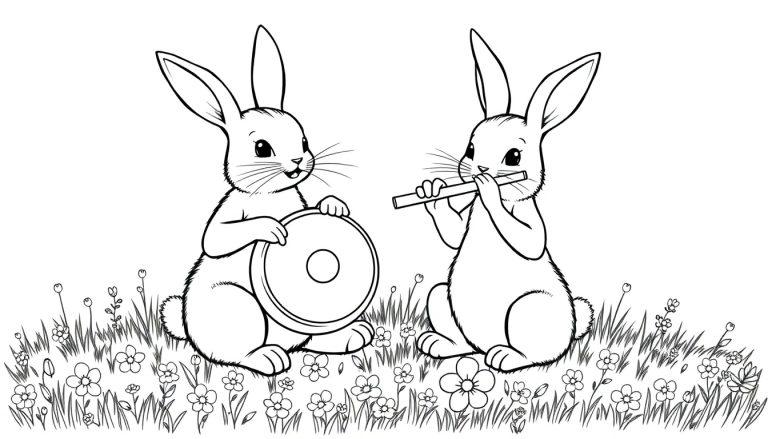 Kleurplaat van twee vrolijke konijnen die samen muziek maken in een bloemenveld.