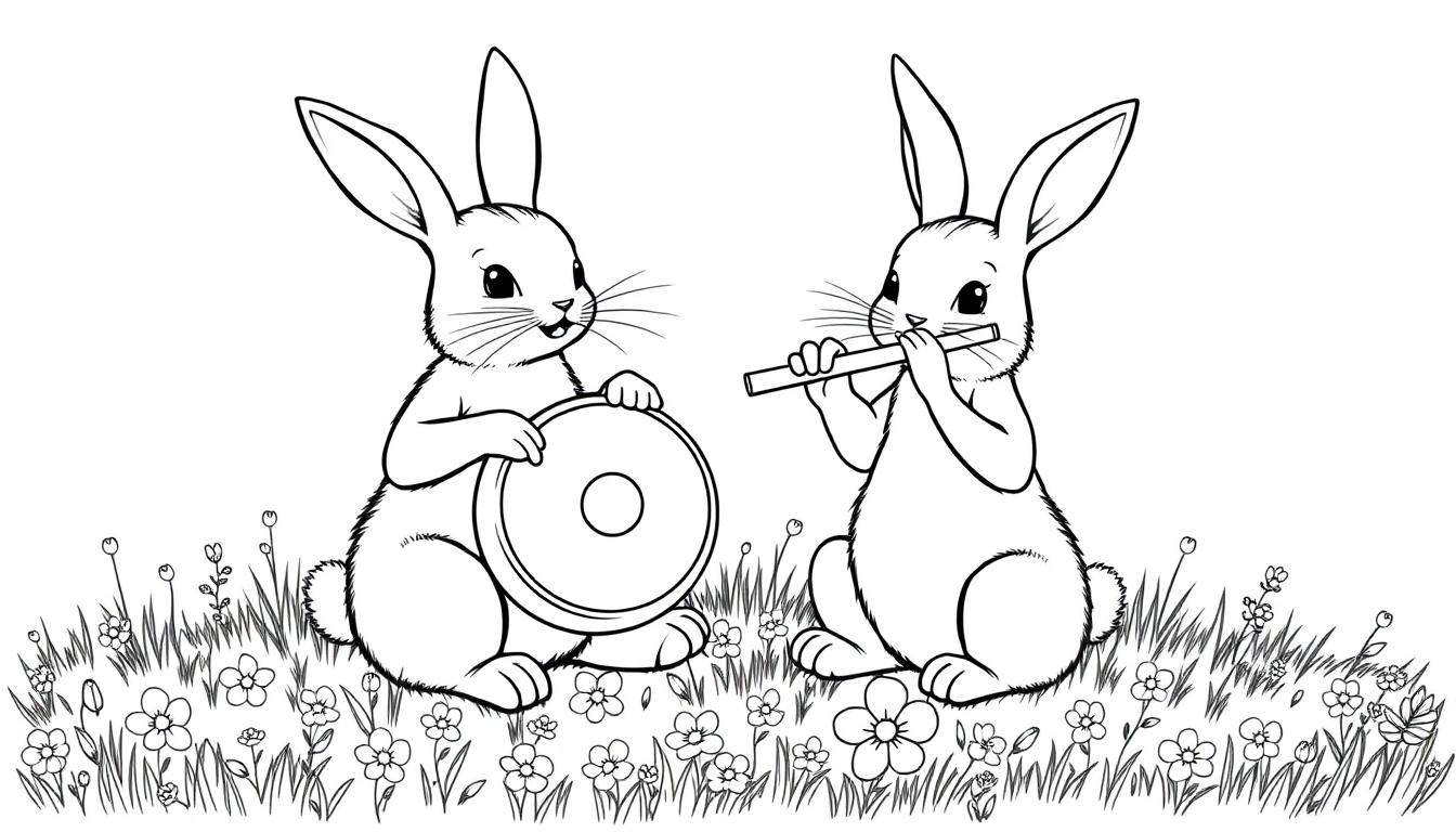 Kleurplaat van twee vrolijke konijnen die samen muziek maken in een bloemenveld.
