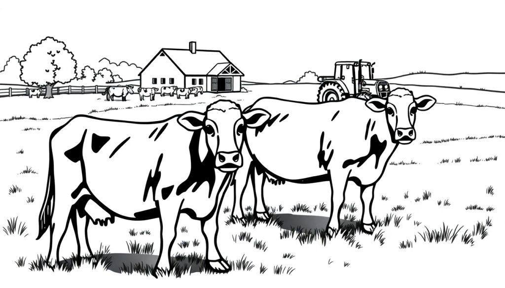 Kleurplaat van een landelijke scène met koeien in een weiland, een boerderij op de achtergrond, een trekker en een hond.