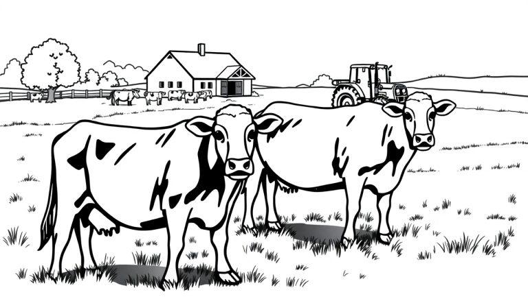 Kleurplaat van een landelijke scène met koeien in een weiland, een boerderij op de achtergrond, een trekker en een hond.