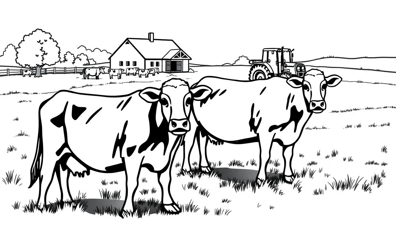 Kleurplaat van een landelijke scène met koeien in een weiland, een boerderij op de achtergrond, een trekker en een hond.