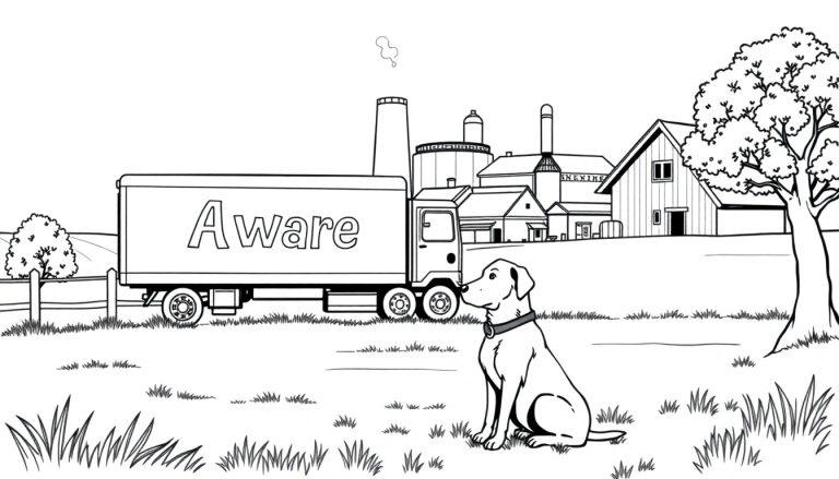 Kleurplaat van een landelijke scène: een vrachtwagen met 'Aware' erop, een hond op een grasveld, een boerderij, silo's, bomen en een hek.