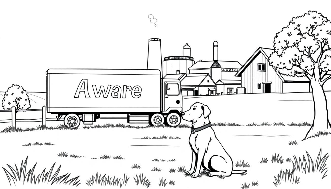 Kleurplaat van een landelijke scène: een vrachtwagen met 'Aware' erop, een hond op een grasveld, een boerderij, silo's, bomen en een hek.