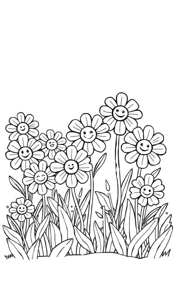 Kleurplaat van bloemen met lachende gezichtjes in een vrolijk veld.