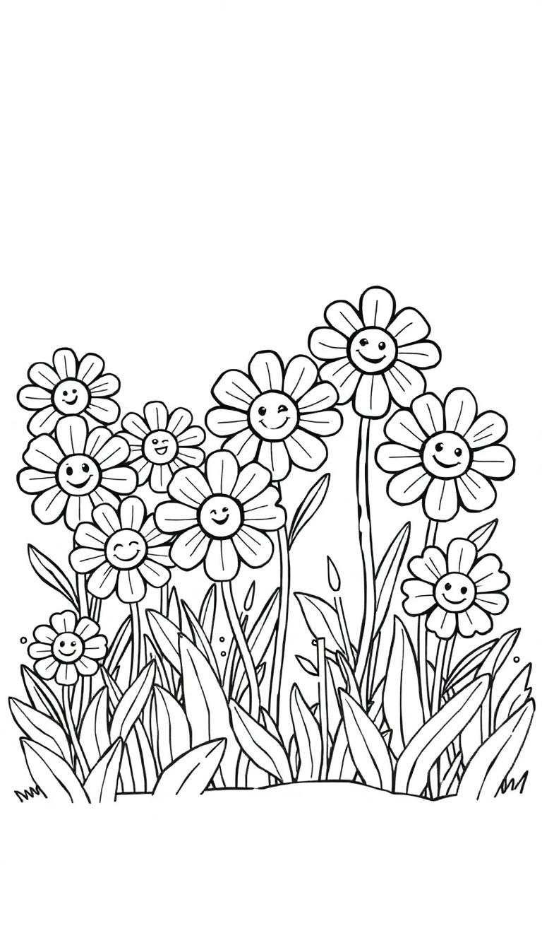 Kleurplaat van bloemen met lachende gezichtjes in een vrolijk veld.