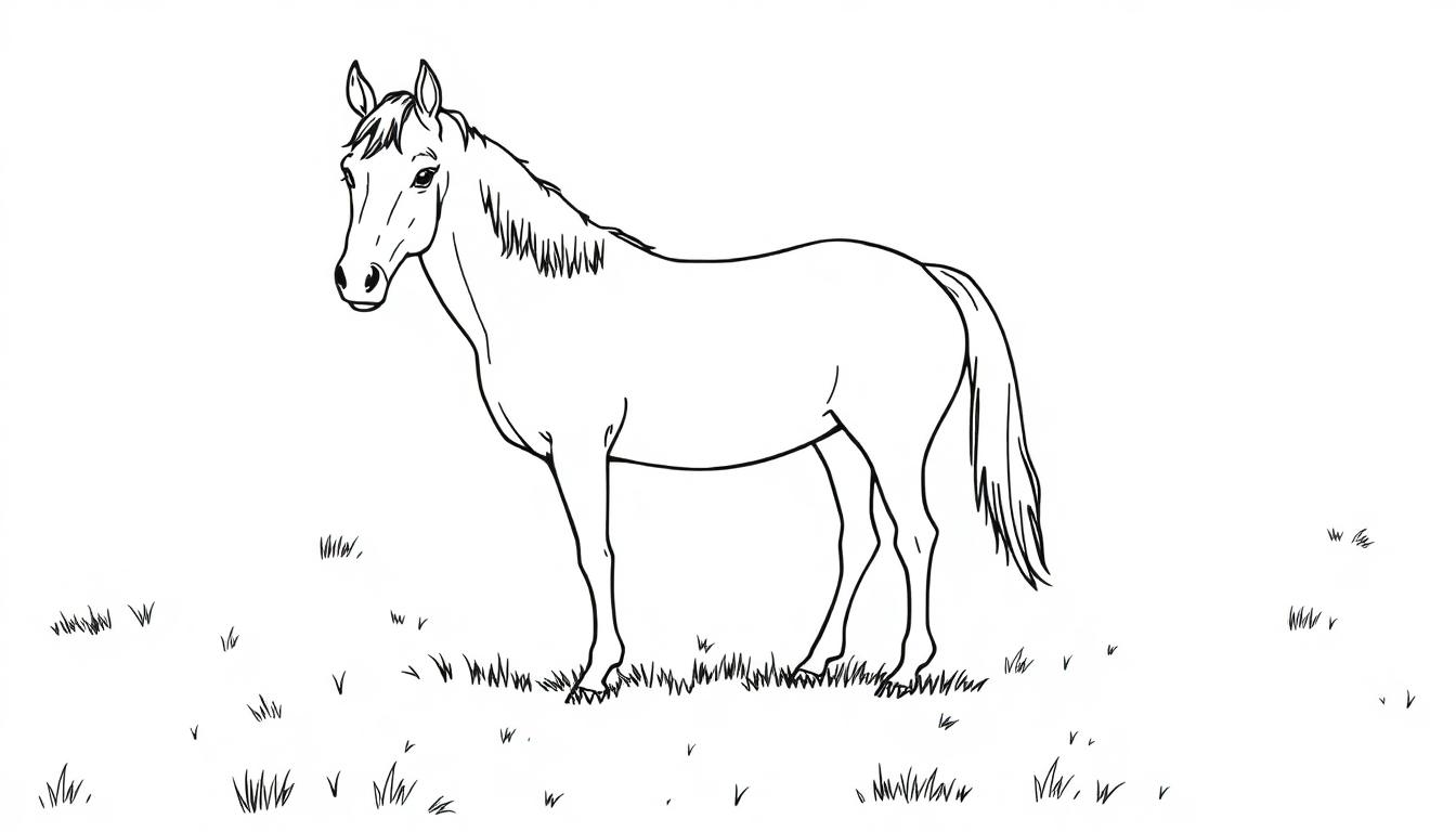 Zwart-witte kleurplaat van een paard dat rustig op gras staat.