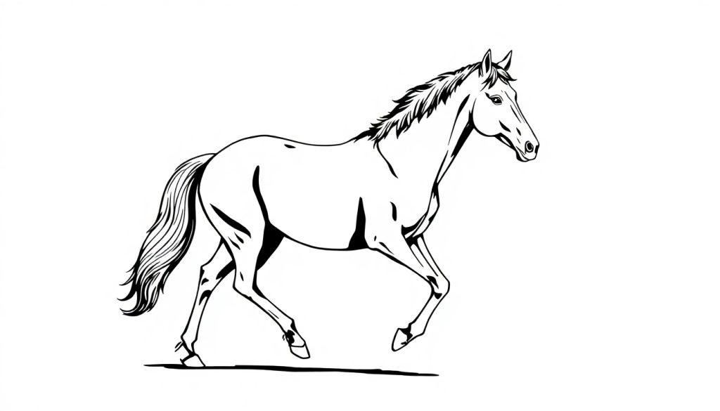 Minimalistische zwart-wit kleurplaat van een paard in draf.