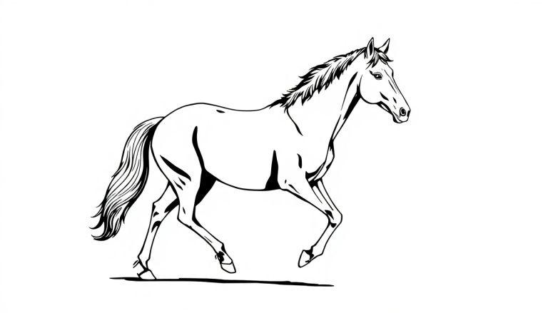 Minimalistische zwart-wit kleurplaat van een paard in draf.