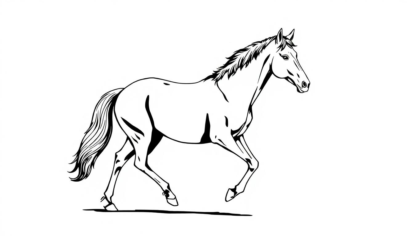 Minimalistische zwart-wit kleurplaat van een paard in draf.