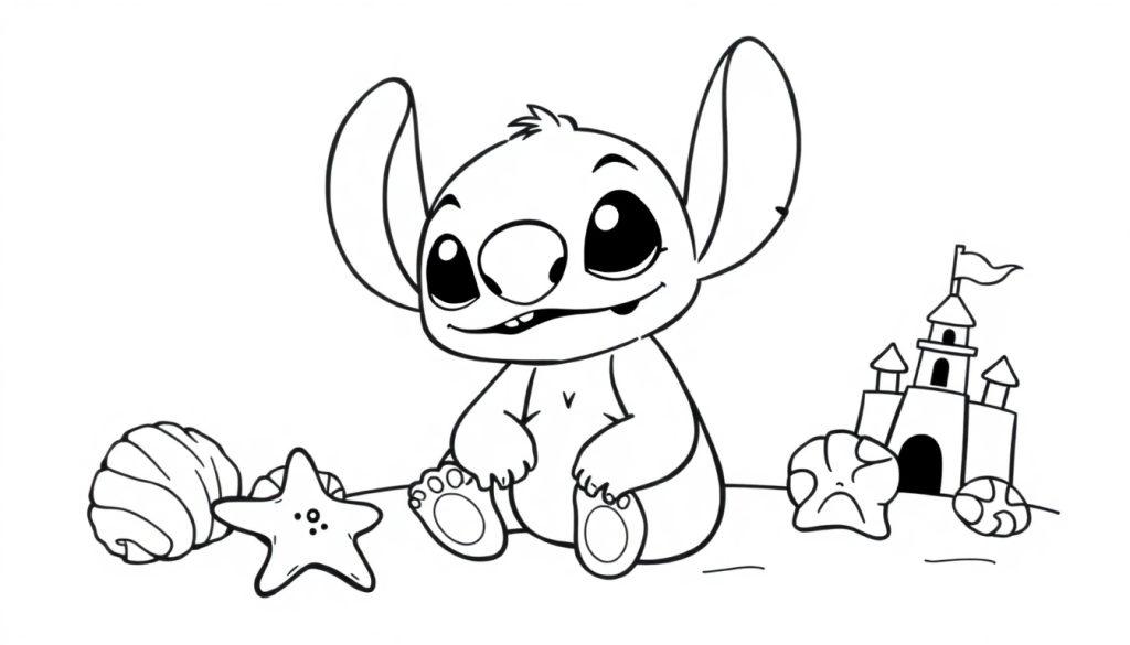 Kleurplaat van een cartoonesk wezen met grote oren dat op het strand zit, omringd door een schelp, zeester en een zandkasteel.