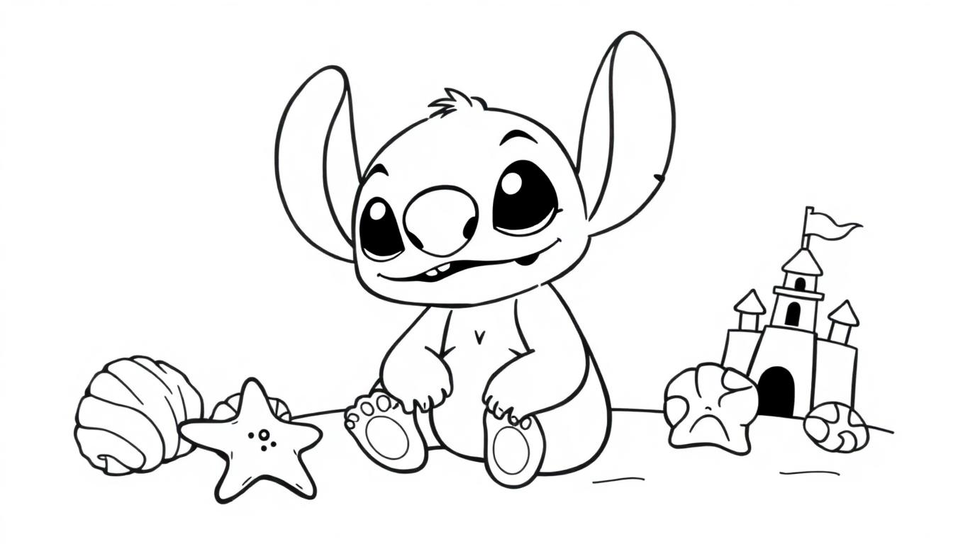 Kleurplaat van een cartoonesk wezen met grote oren dat op het strand zit, omringd door een schelp, zeester en een zandkasteel.