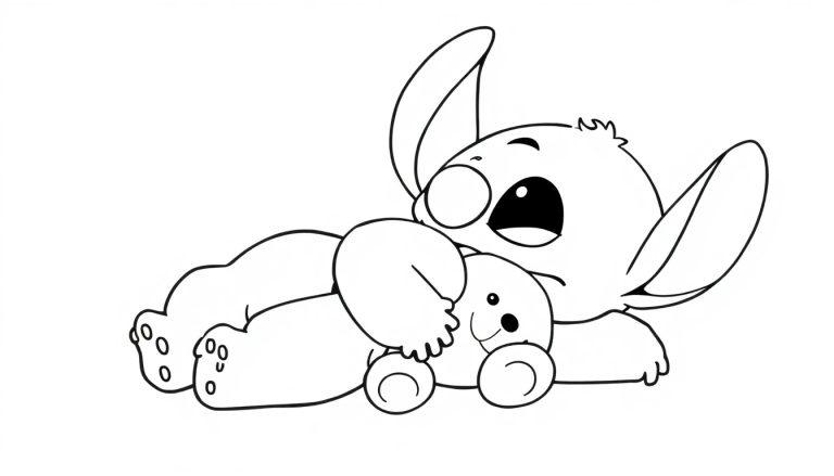 Een kleurplaat van een dikke schattige cartoonfiguur met grote oren, liggend en knuffelend met een teddybeer.