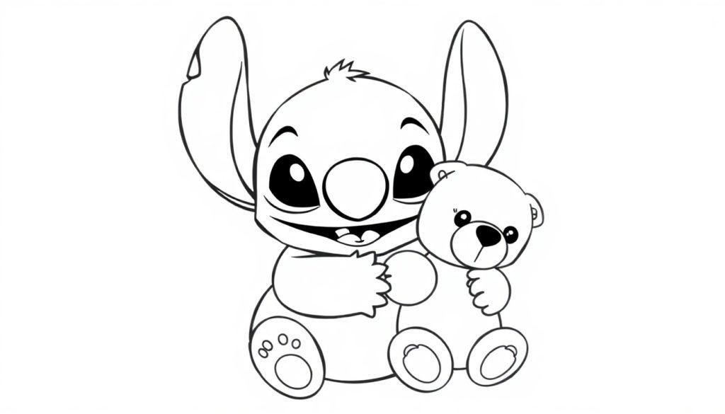 Kleurplaat van een schattige cartoon met grote oren die een knuffelbeer vasthoudt.