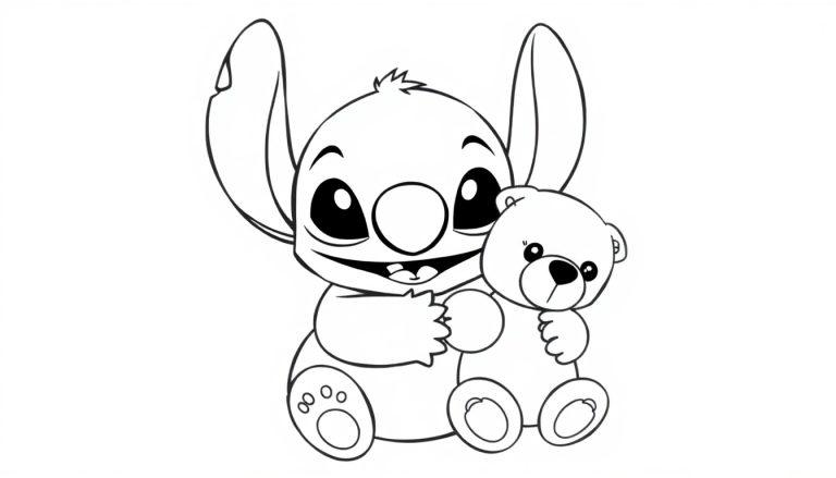 Kleurplaat van een schattige cartoon met grote oren die een knuffelbeer vasthoudt.