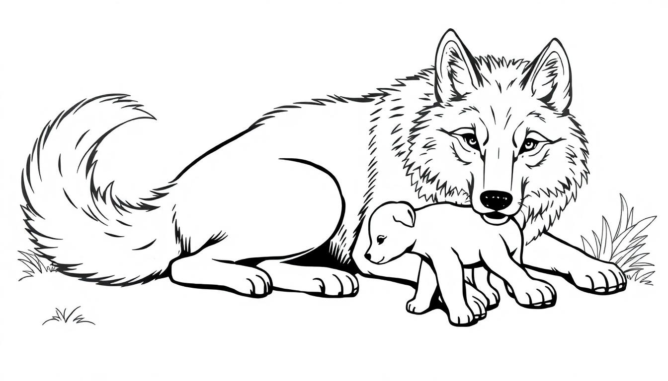 Kleurplaat van een wolf die beschermend bij een welpje ligt, met wat gras op de achtergrond.