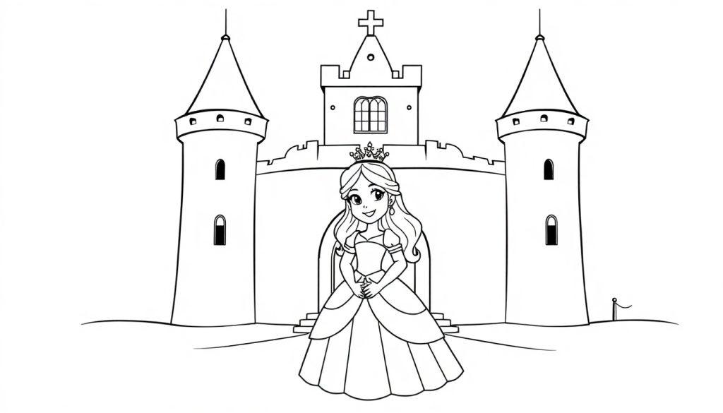 Kleurplaat van een prinses met een kroon en een groot kasteel op de achtergrond.