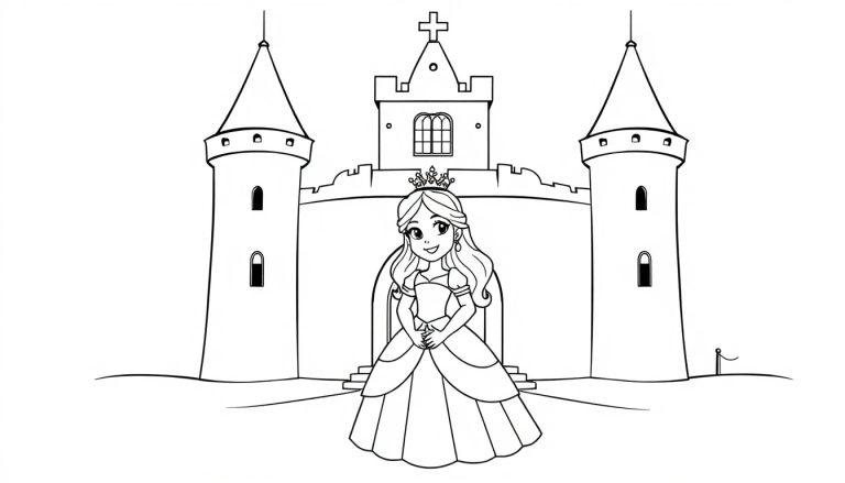 Kleurplaat van een prinses met een kroon en een groot kasteel op de achtergrond.